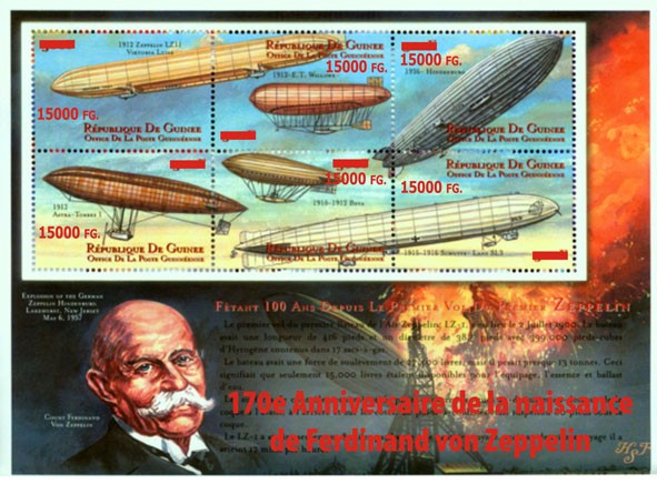 170e Anniversaire de la naissance de Ferdinand von Zeppelin - Issue of Guinée postage stamps