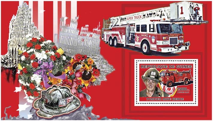 FIREMEN - FIRE ENGINES s/s - 25 000 FG - Issue of Guinée postage stamps