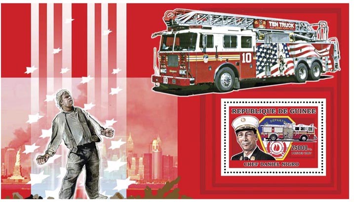 FIREMEN - FIRE ENGINES s/s - 25 000 FG - Issue of Guinée postage stamps