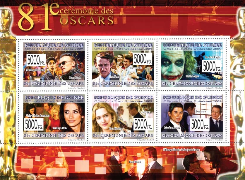 81st Oscar Ceremony,Danny Boyle, Sean Penn, Penelope Cruz, Masahiro Motoki, ect. - Issue of Guinée postage stamps