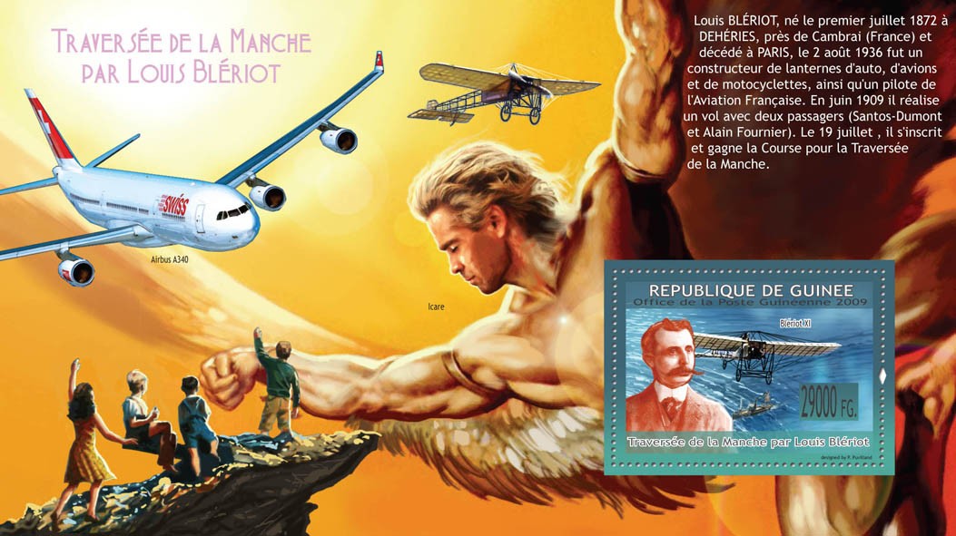 Channel crossing by Louis Bleriot, Ancients Aircrafts - Issue of Guinée postage stamps