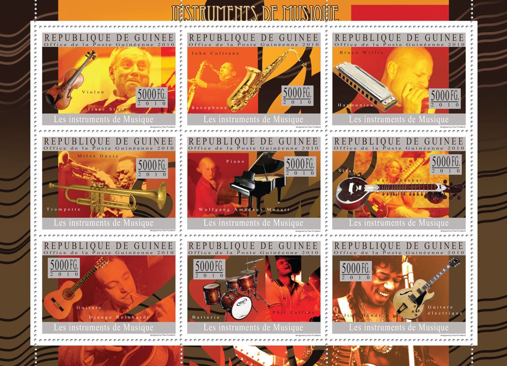 Musical Instruments ( Violin, Piano, Guitar, etc.) - Issue of Guinée postage stamps