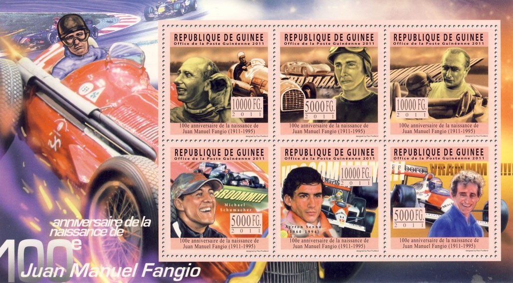 100th Anniversary of Juan Manuel Fangio, (1911-1995). Motorsport. - Issue of Guinée postage stamps