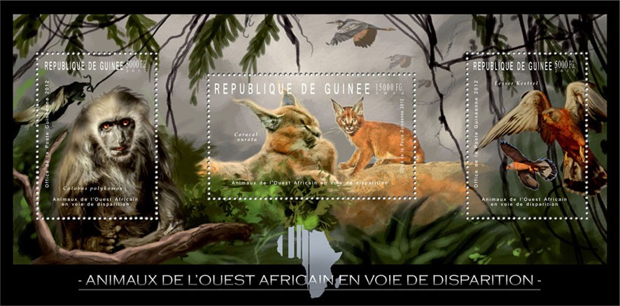 Endangered Animals of West Africa, Animals, (Cobus polykomos, Caracsl aurata, Lesser Kestrel). - Issue of Guinée postage stamps