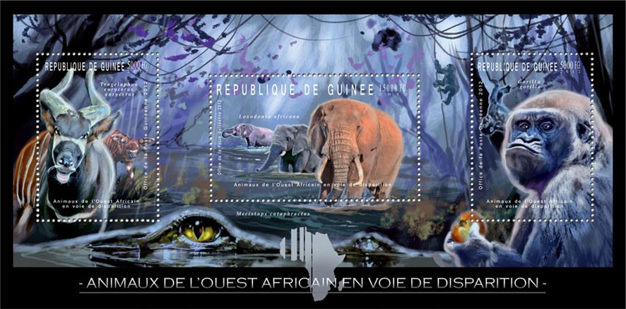 Endangered Animals of West Africa, Animals, (Tragelaphus eurycherus, Loxodonia africana, Gorilla gorilla). - Issue of Guinée postage stamps