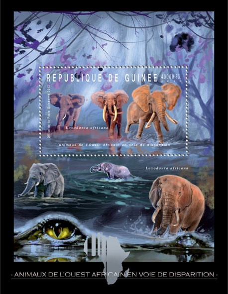 Endangered Animals of West Africa, Animals, (Loxodonta africana). - Issue of Guinée postage stamps