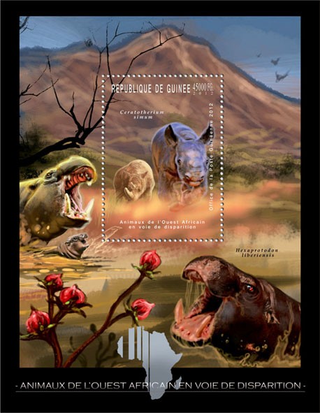 Endangered Animals of West Africa, Animals, (Ceratotherium simum). - Issue of Guinée postage stamps