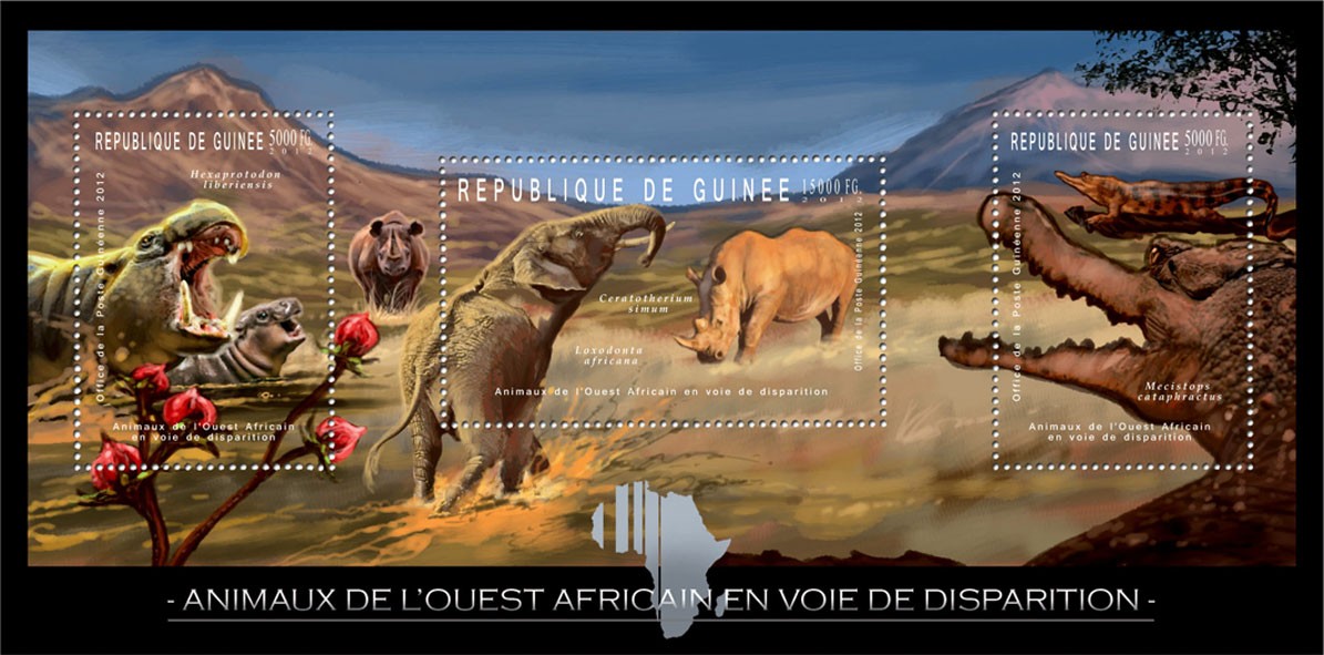 Endangered Animals of West Africa, Animals & Reptils, (Hexaprodonton liberiensis, Loxondonta africana, Mecictops cataphractus). - Issue of Guinée postage stamps