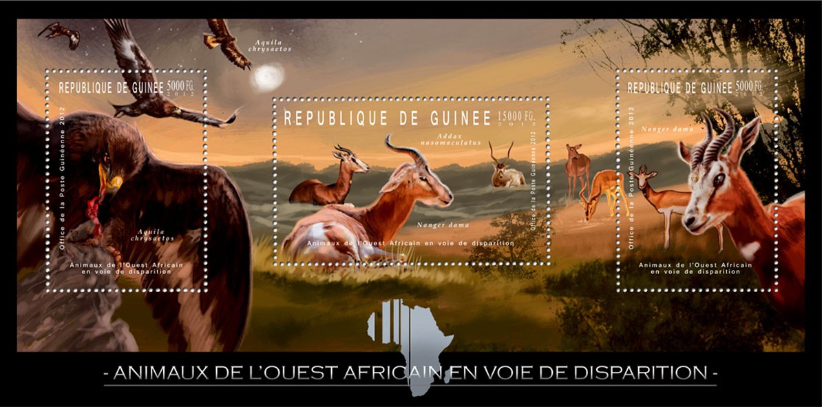 Endangered Animals of West Africa, Birds & Animals, (Aguila Chrysaetos, Addax nasomaculatus, Nanger dama). - Issue of Guinée postage stamps