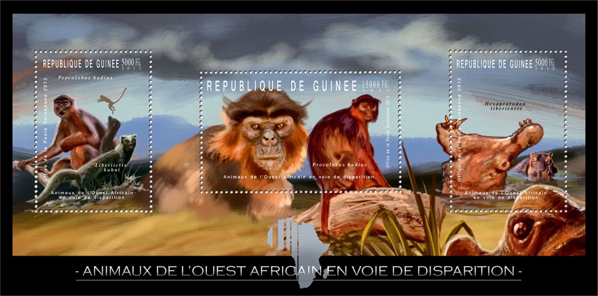 Endangered Animals of West Africa, Animals, (Procolobus badius, Hexaprotodon liberiensis). - Issue of Guinée postage stamps