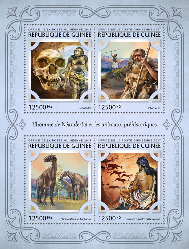 Neanderthals, prehistoric animals - Issue of Guinée postage stamps